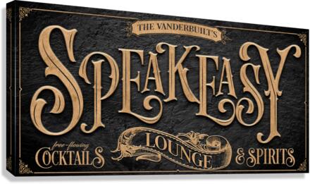 speakeasy-sign on black textured canvas with gold text.