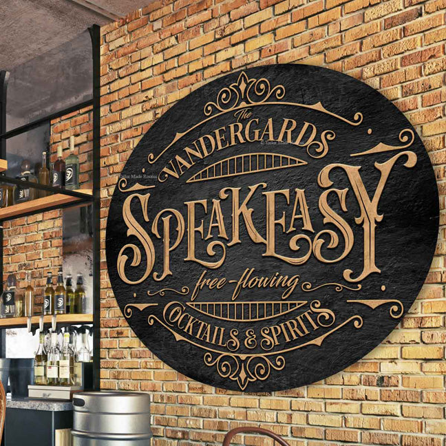 Speakeasy Bar Sign with gold letters on black textured background that says: family name - Speakeasy