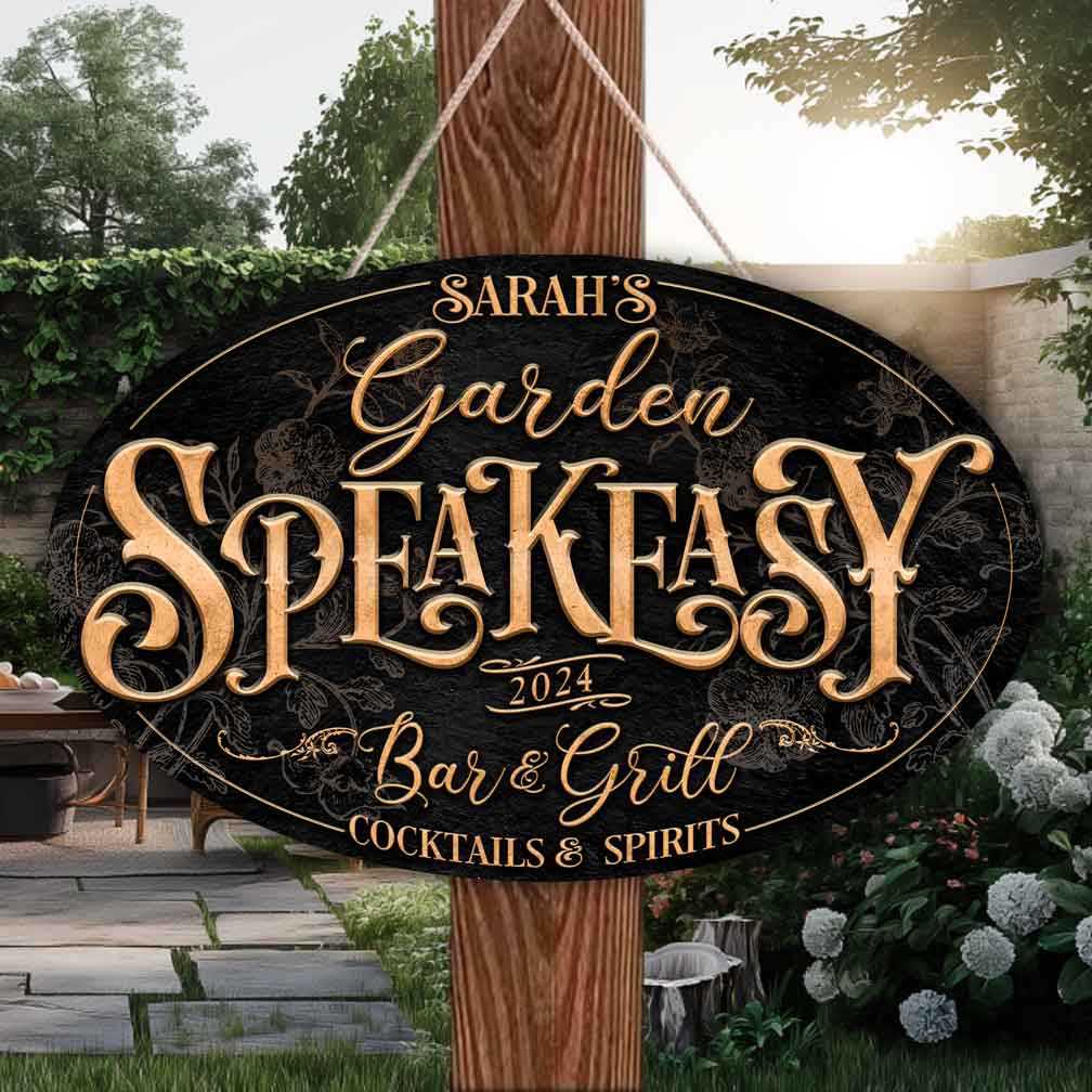 speakeasy Sign on textured oval background with the words: Speakeasy Lounge with personalized name.
