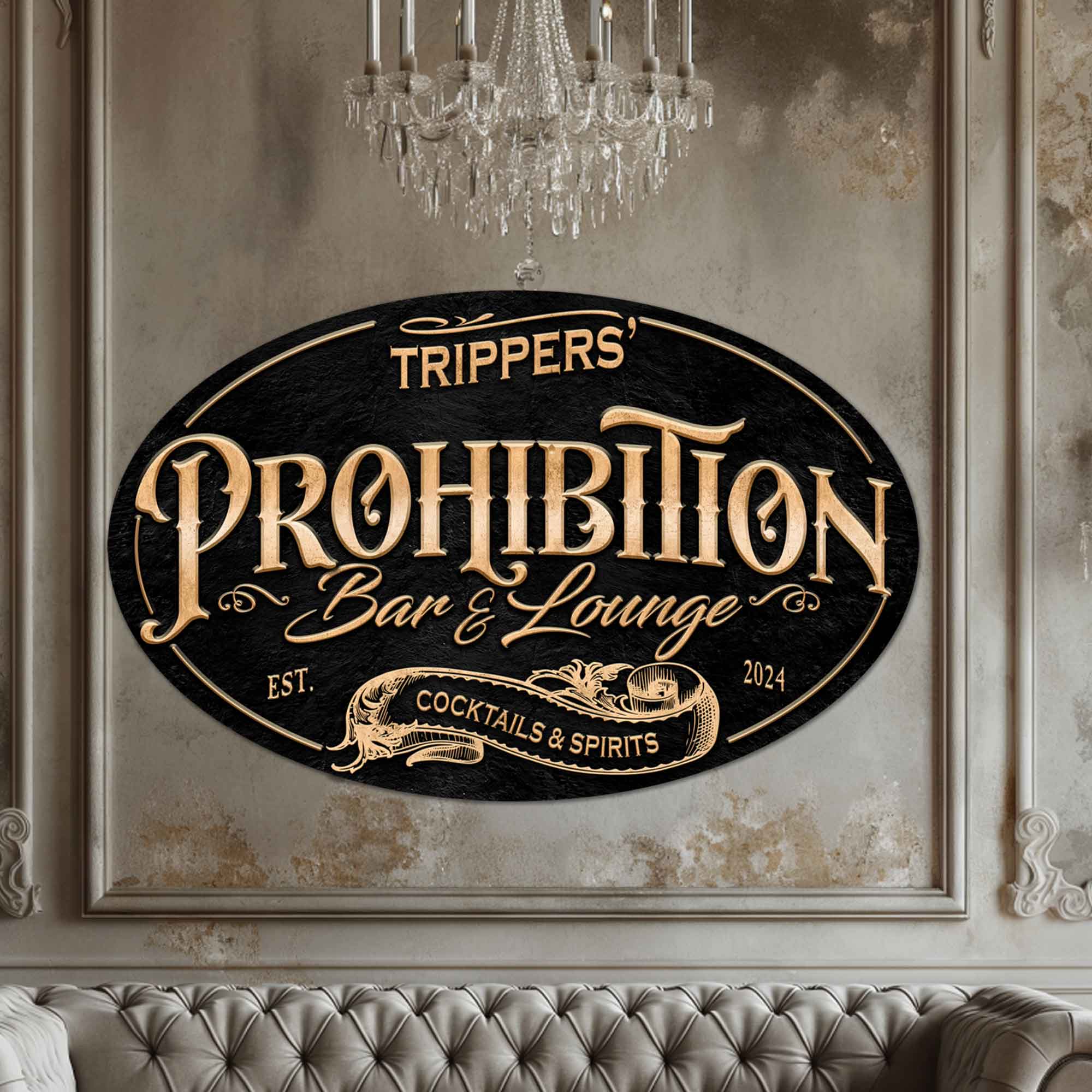 Speakeasy sign Prohibition Bar and Lounge Sign in gold letters with black textured background.