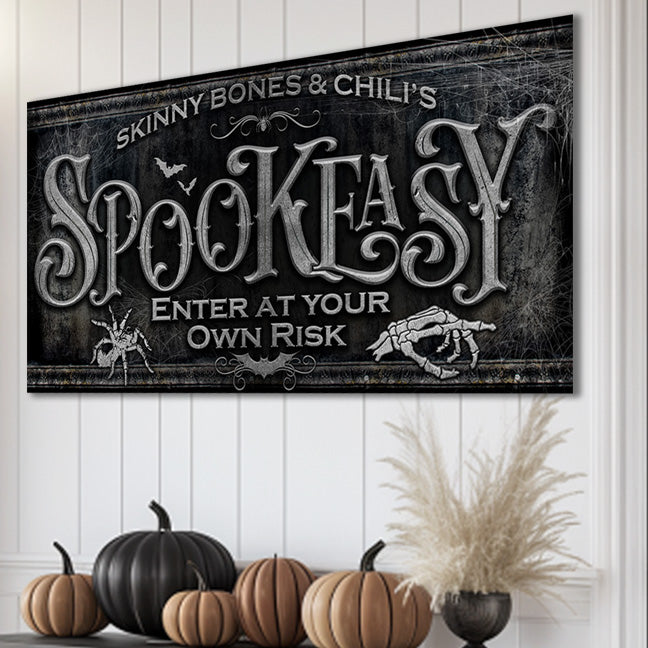 Spookeasy Halloween Sign - halloween sign with black textured stone background with stone words Spookeasy Enter at Your Own Risk