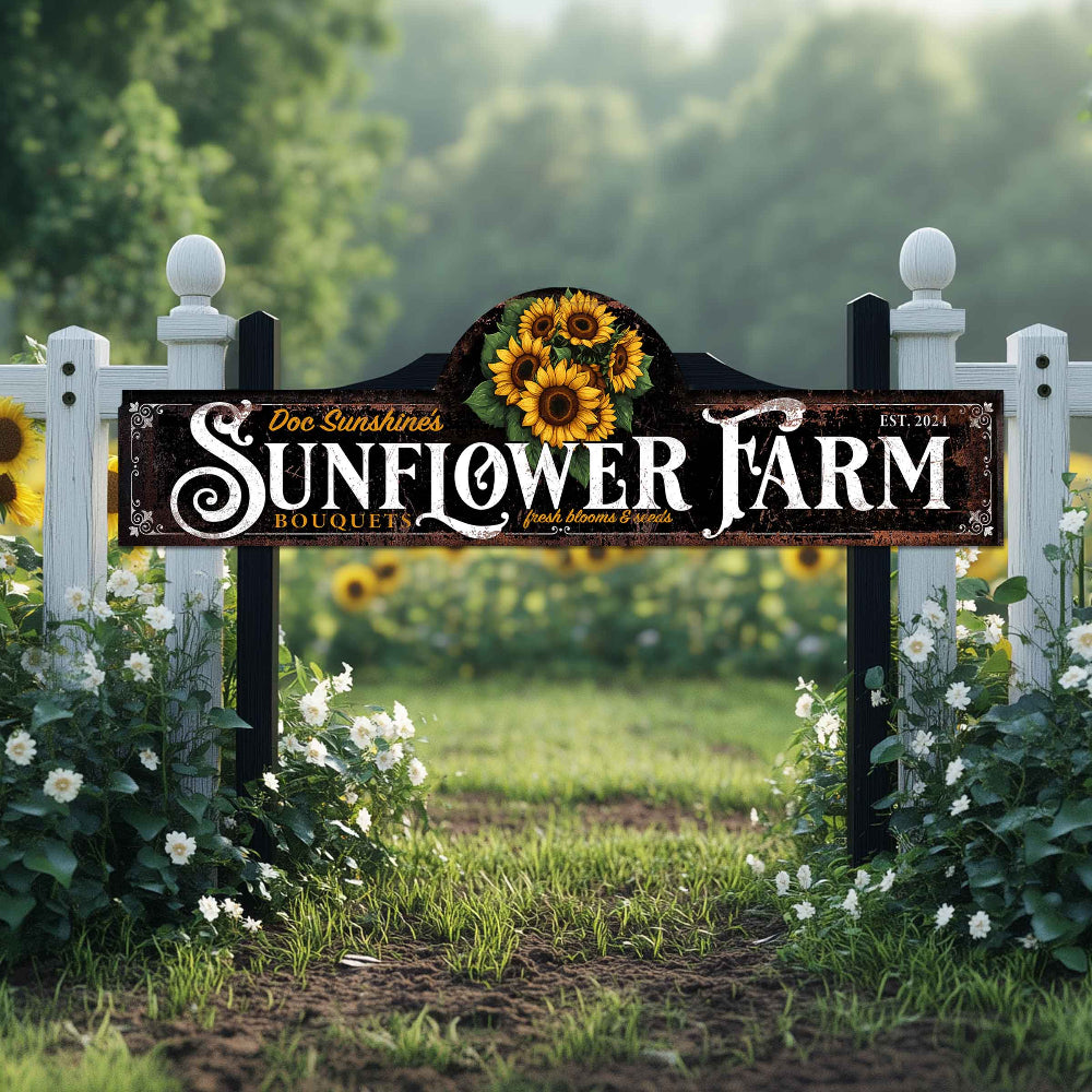 sunflower farm signs in distressed metal with personalization