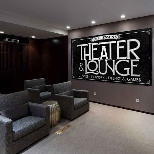 Theater and Lounge Sign on black texture with silver letters with personalized name.