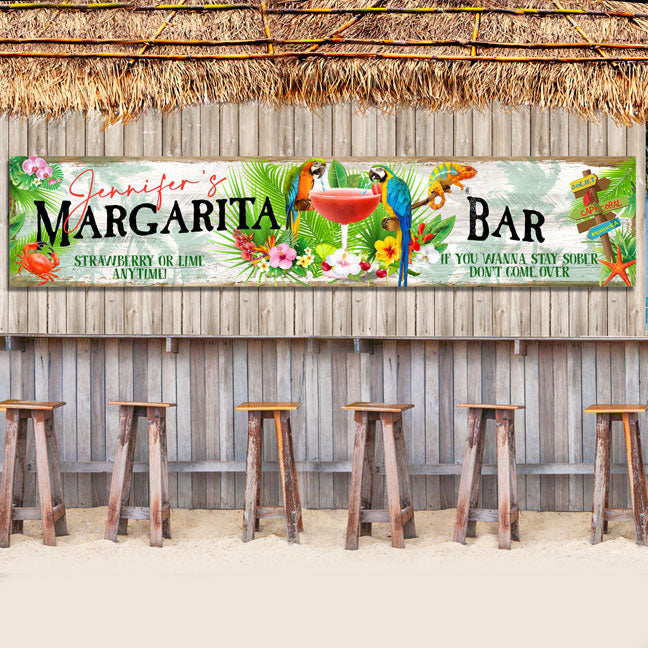 Tiki Bar Margarita Bar Sign with Tropical Birds drinking a margarita.