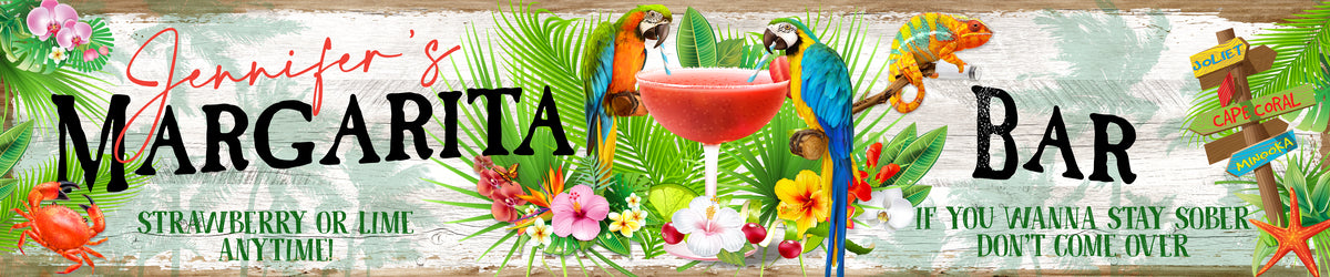 Tiki Bar Margarita Bar Sign with Tropical Birds drinking a margarita.
