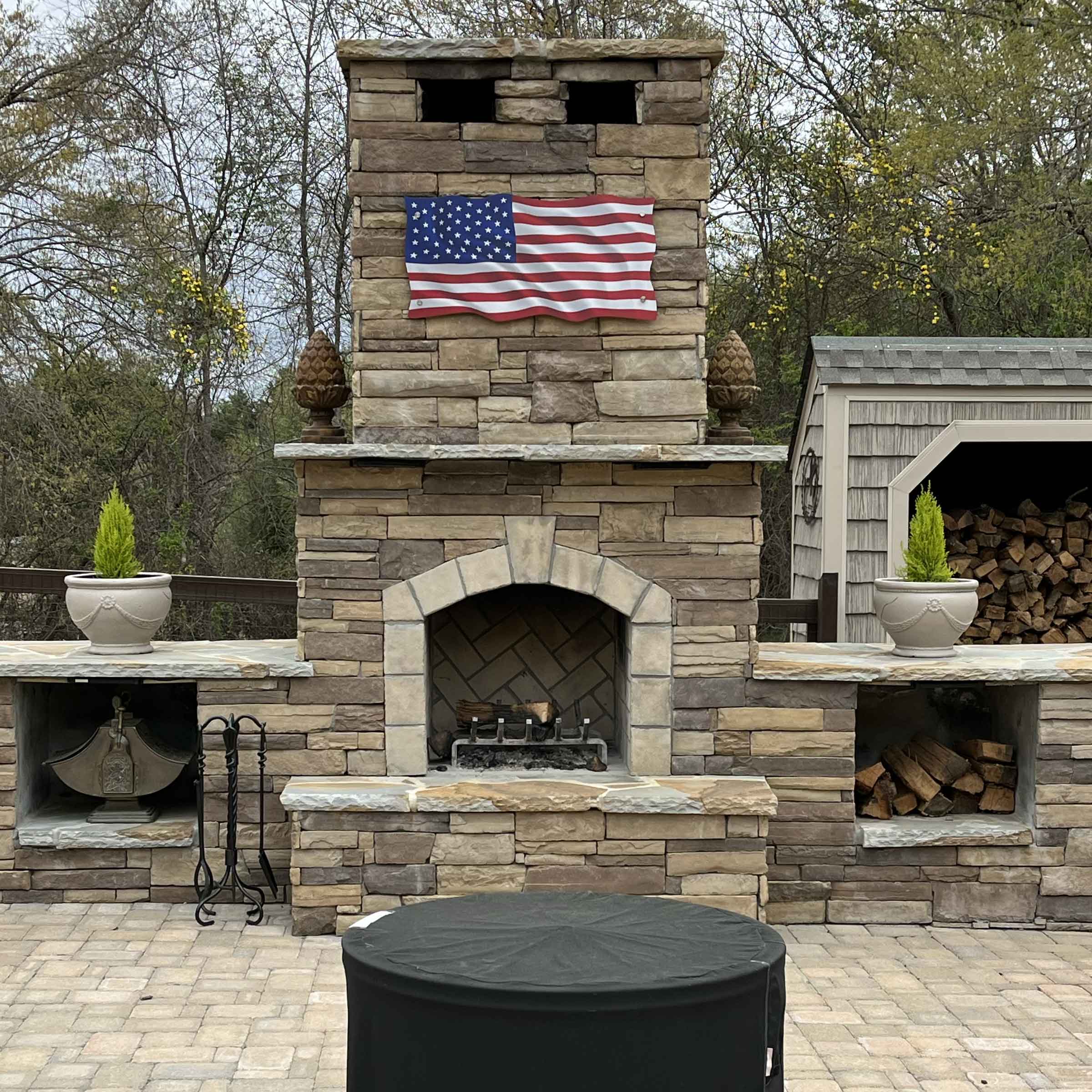 US metal flag on outdoor fire place
