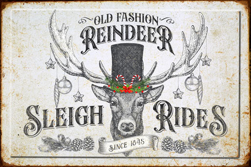 Reindeer Sign on old fashion distressed sign with Reindeer in black top hat.