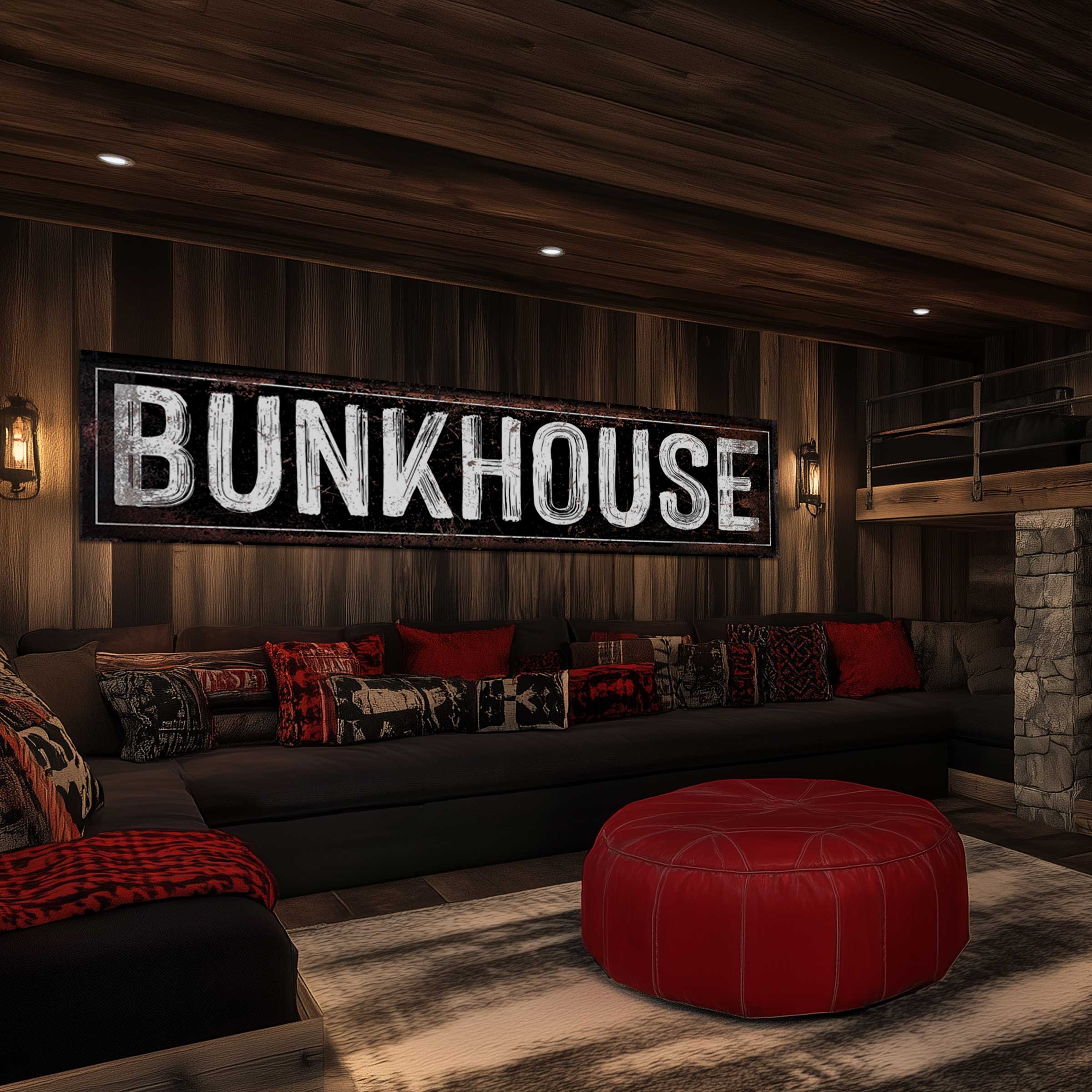 Western Wall Decor Bunkhouse Sign placed on the wall of a western lounge area.