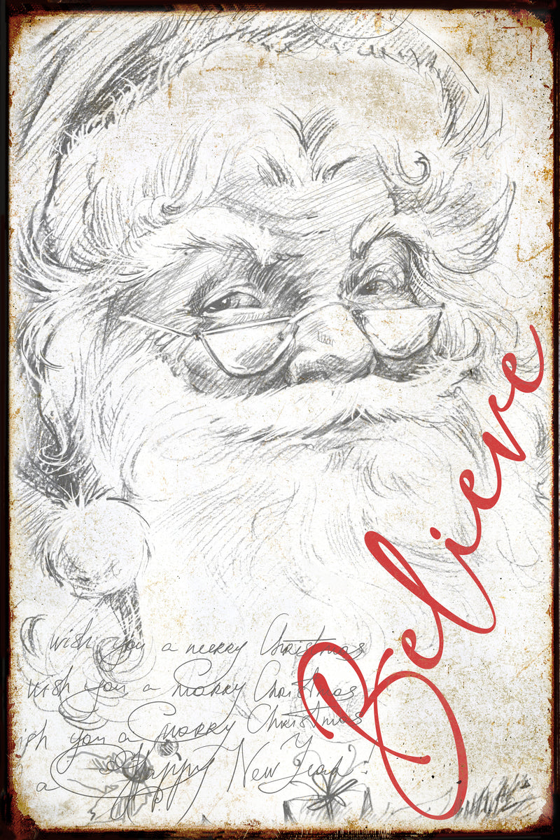 Believe Art of Vintage Santa on rustic background with the words Believe