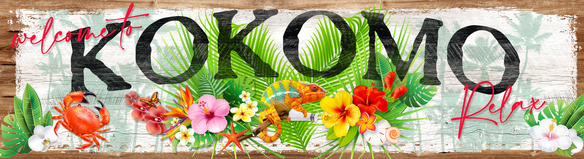 Beach house sign, patio sign with tropical foliage and a lizard and hibiscus flowers. With beach house name