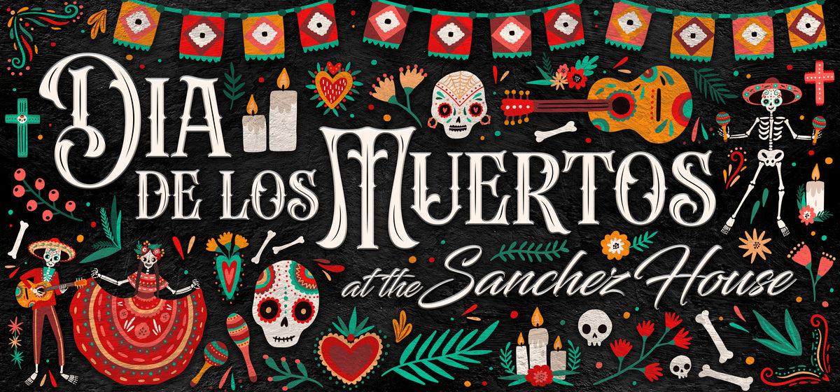 Day of the Dead Halloween Decor Sign on black stone and the words [dia de los Muertos at the (family name).