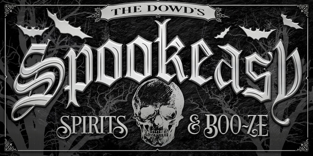 Speakeasy-Spookeasy Sign with black textured background and silver words that say Spookeasy Spirits and Boo-ze all personalized.