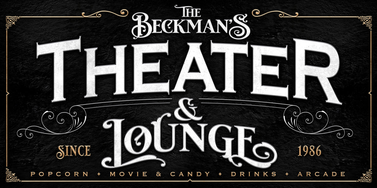Personalized Home Theater Signs in black with white and gold lettering.
