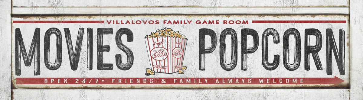 White distressed background. Reads [Family name] Family Game Room Movies [picture of popcorn bucket] Popcorn open 24/7 Friends and Family Always Welcome