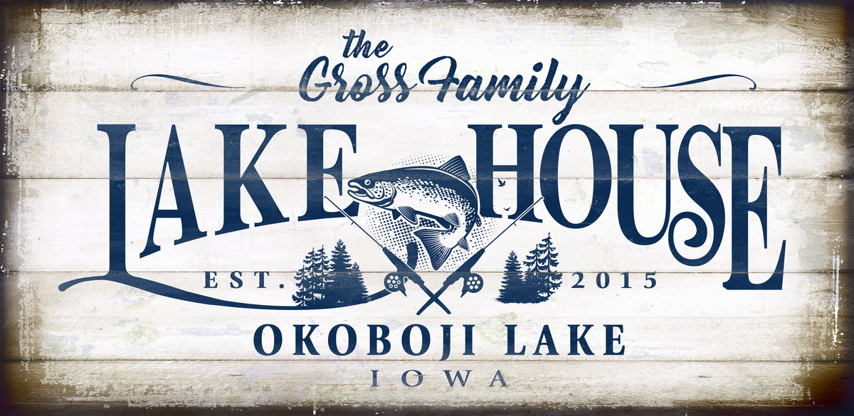 Lake House Sign with custom family Name that is on rustic old wood and the words [family Name] Lake House, establish date, the lake name, and the state, with a big picture of a bass and fishing rods