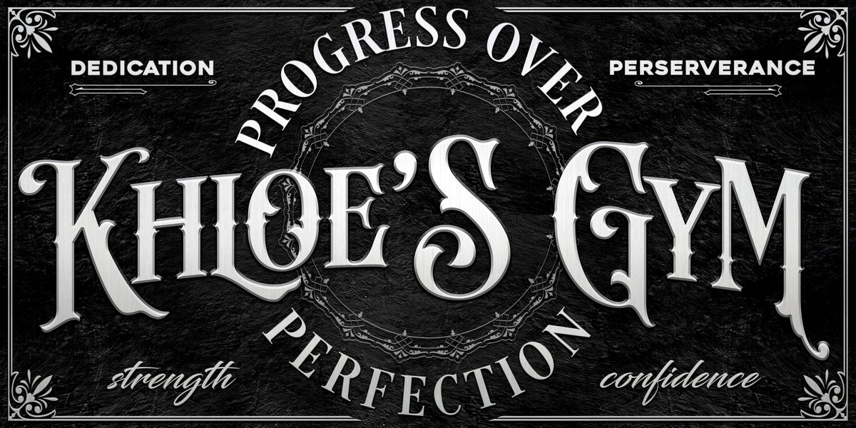 Personalized Home Gym Wall decor on black background with name and words progress over perfection home gym wall decor