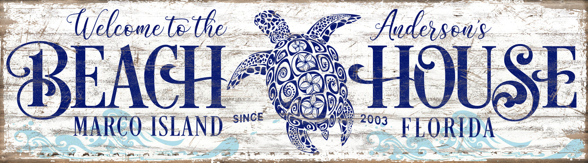 Beach house Decor - Sea Turtle Beach House Sign on distressed wood background with the words: Welcome to the [family] name Beach House, with city and state.