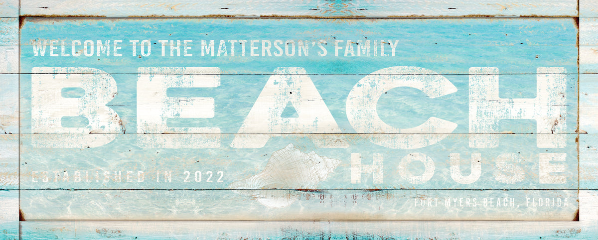 Coastal Beach Wall Decor on distressed beach wood with the words: Welcome to our Beach house with personalized name and date.