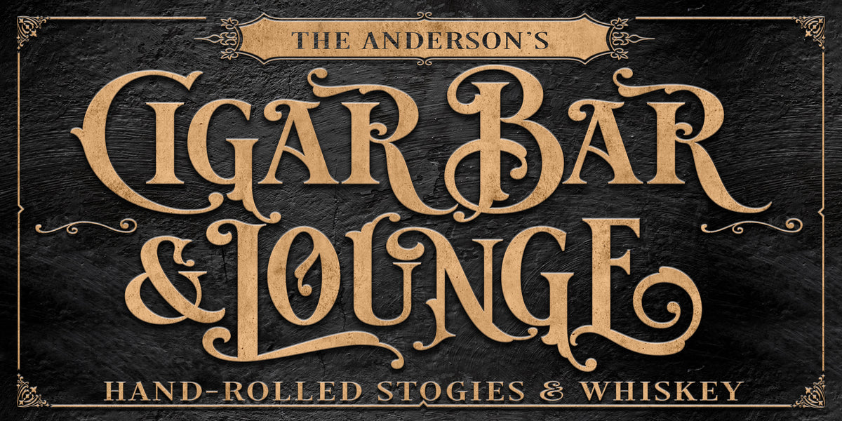Cigar Bar & Lounge Sign, Cocktail Bar Sign, Cigar Sign on black stone with letters showing through with golden wood.