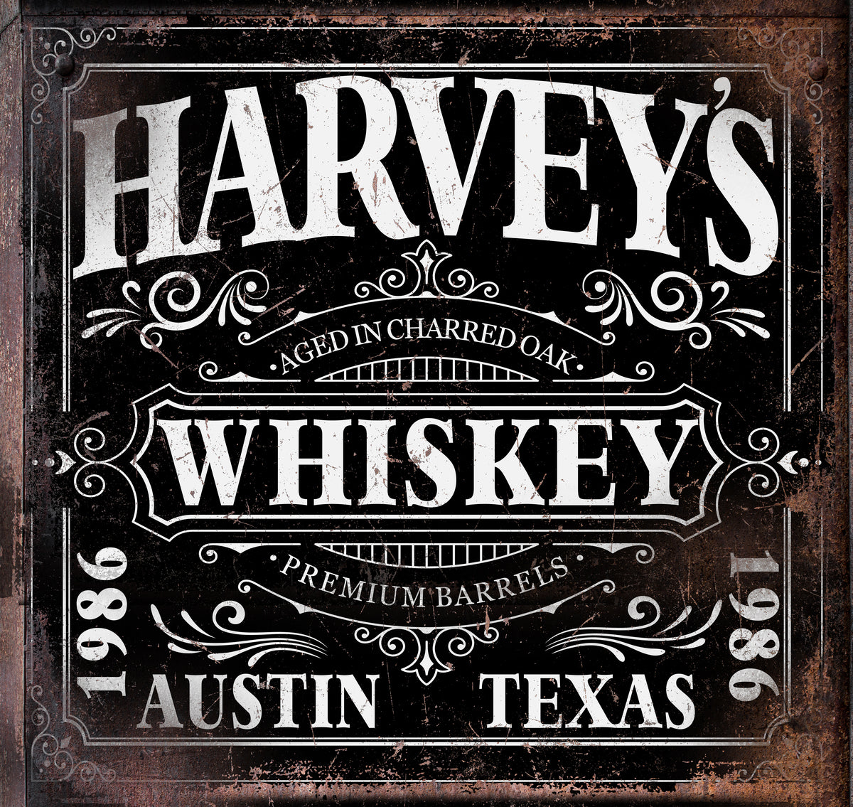 Top Shelf Whiskey Bar Signs made on black distressed background with words on it [Personalized Name] Whiskey, aged in charred oak premium barrels, City & State with established date on the side with a very industrial decor style.
