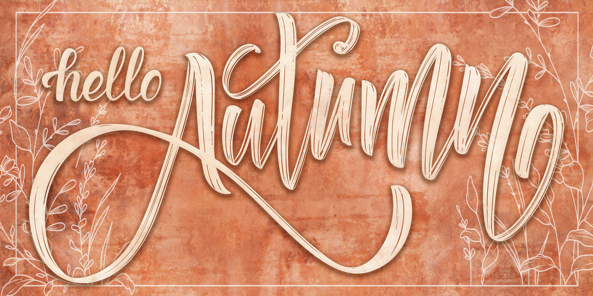 Hello Autumn Fall Wall Decor Sign in a tera cotta color with delicate leaves and big script letters.