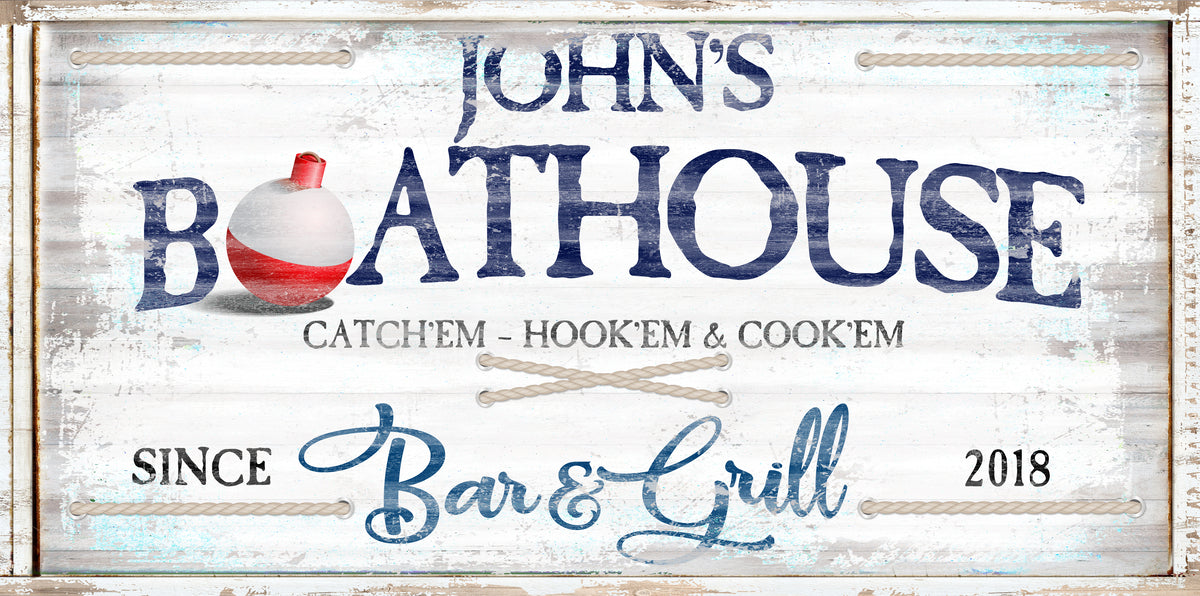 lake house sign - boat house sign - on distressed faux wood background and the words "john's boathouse Bar and grill 