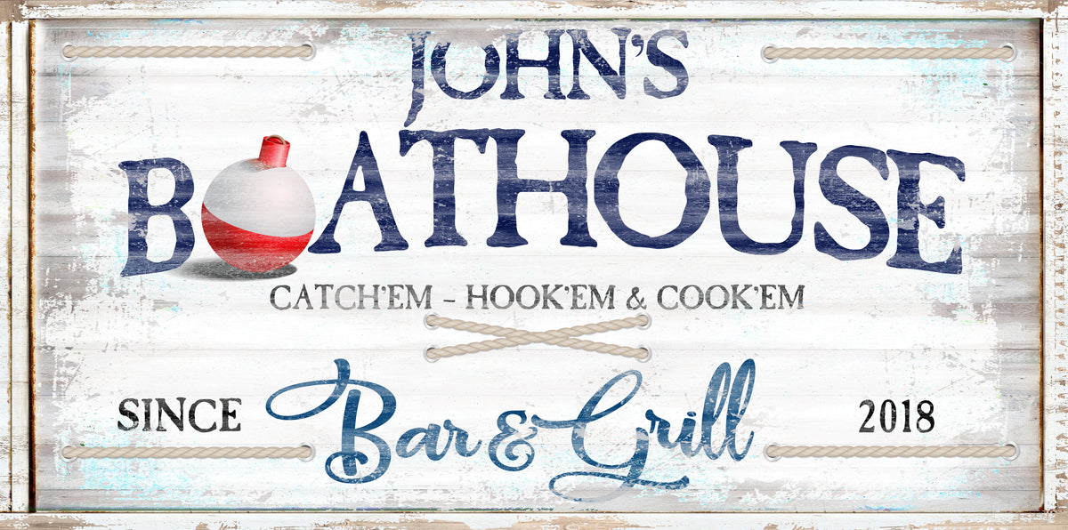lake house sign - boat house sign - on distressed faux wood background and the words "john's boathouse Bar and grill