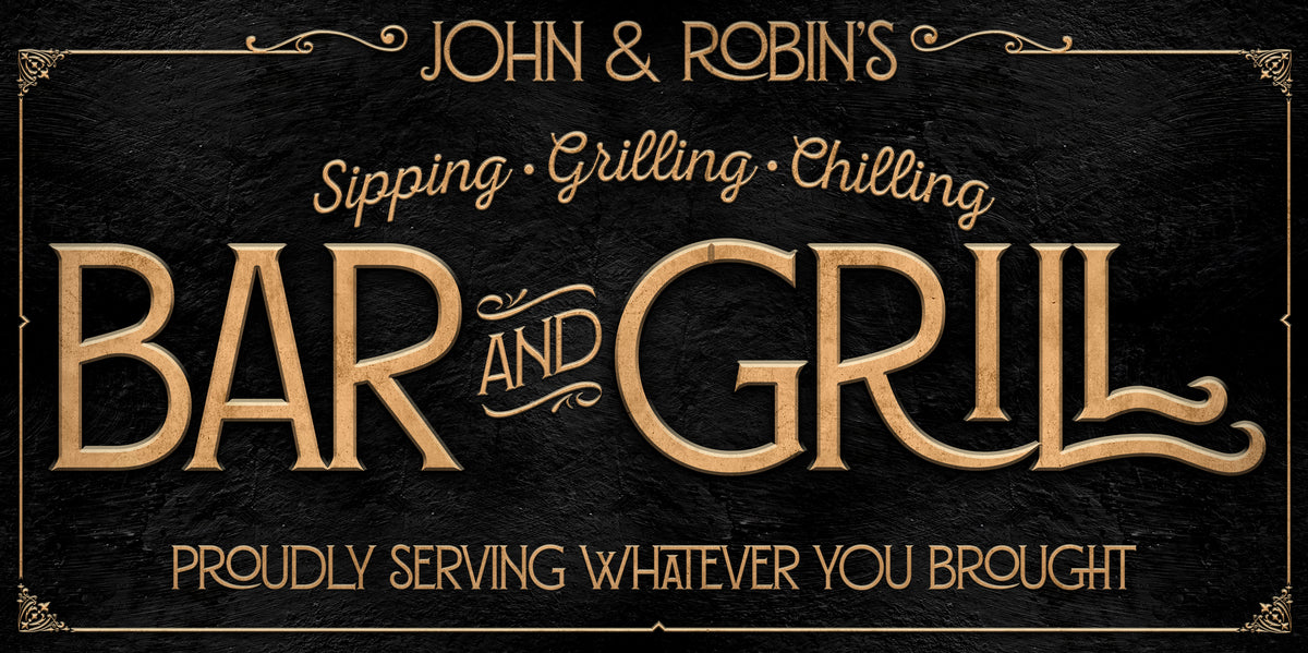 Outdoor Bar and Grill sign on black stone with the words (name) and Barn and Grill -proudly serving whatever you brought