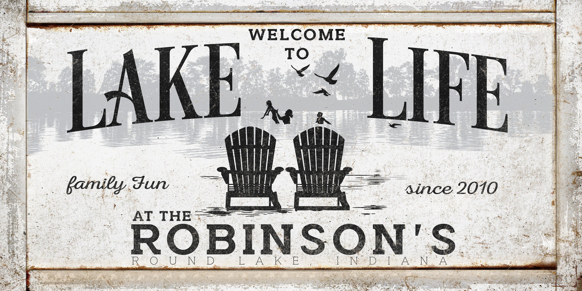 Vintage Lake House Sign on distressed white frame, with the words: Welcome to Lake Life at the [family Name], and name of lake with est. date.