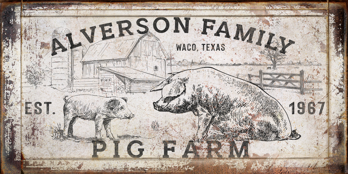 Pig decorations for kitchen of Mom and baby pig on rustic background and white distressed paint with old barn and two pigs with words [family name, waco texas] Pig Farm