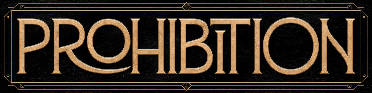 1920 speakeasy Prohibition written in gold on black faux stone background