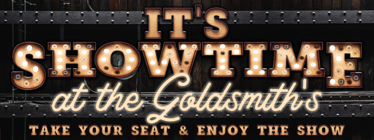 It's Showtime Movie Theater Sign with black background and faux marquee lights and neon-lights and personalized name on the movie sign.