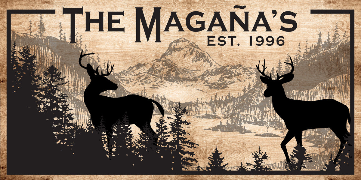 Reads The [Family Name] Est [Your Year] Picture of deer with mountain in the background on metal or canvas