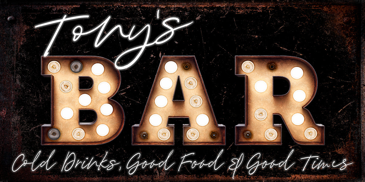 Bar Sign Personalized on black distressed frame, with the words [Family name] BAR, cold drinks, good friends, good times