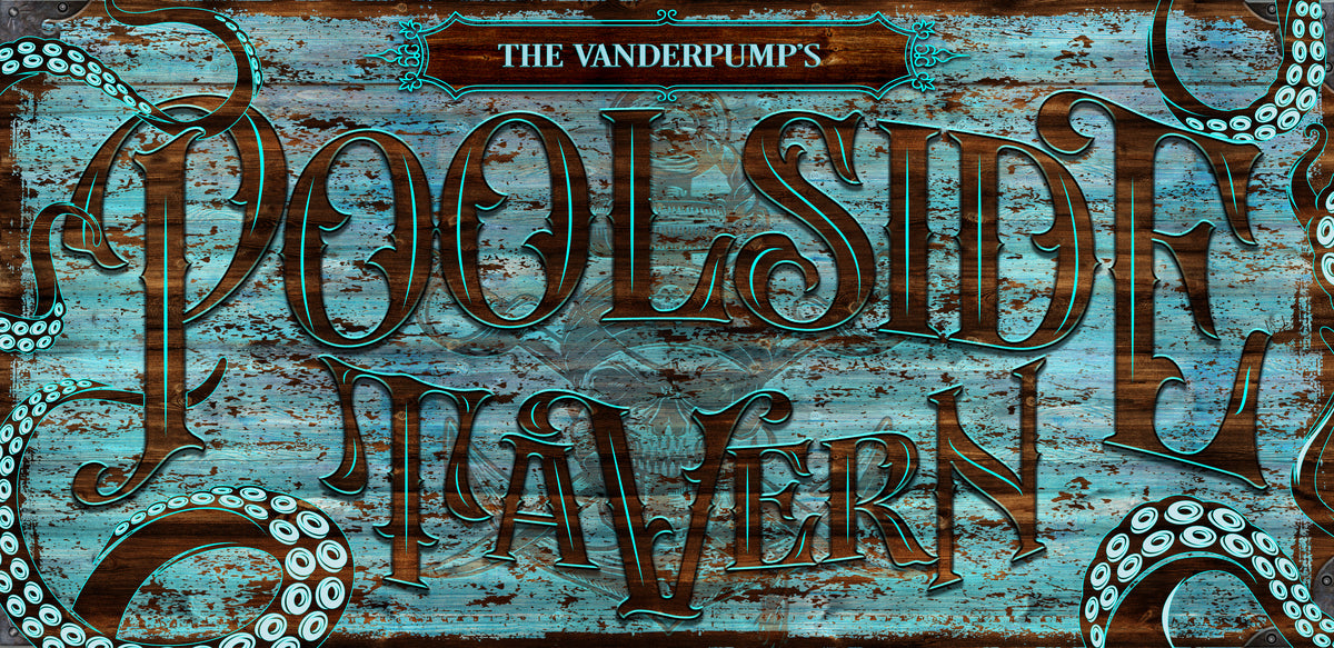 Pool Signs, old Carriebean Patina Wood with the chippy paint and the words: {family Name} Poolside Tavern