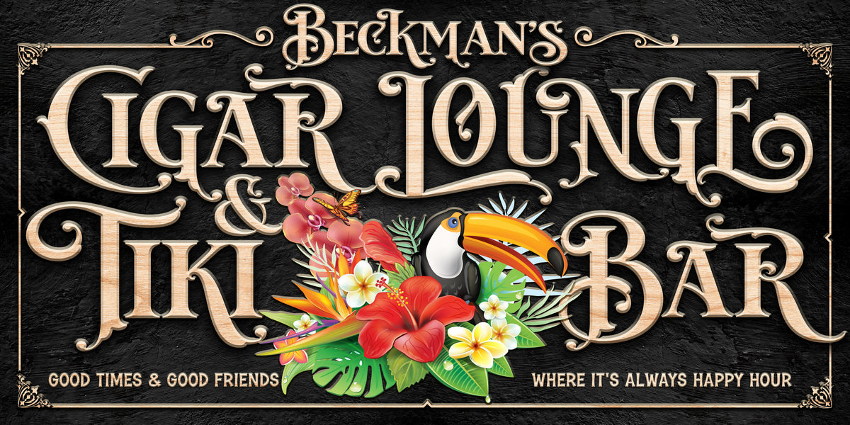 Cigar Lounge & Tiki Bar Sign on black background with tropical flowers and bird.
