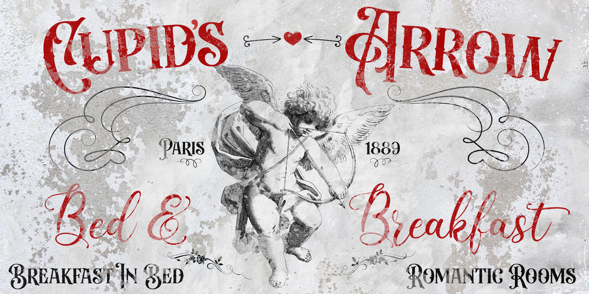 Valentine's Day Decor Cupids Sweetheart Bed and Breakfast Sign in chippy white paint in black, white, and red. That reads[Cupids arrow, paris 1889, Bed & Breakfast] Large Canvas Valentines Signs