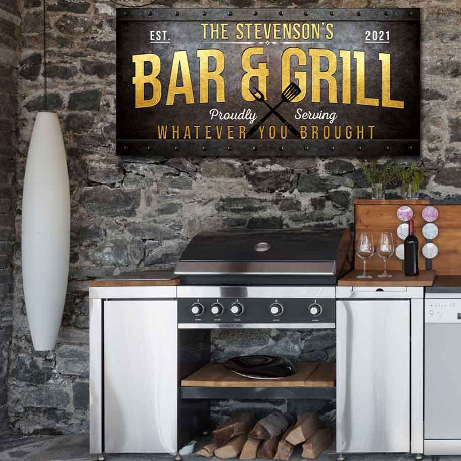 Personalized Backyard Bar and Grill Metal Sign with words: [family name, Bar & Grill, proudly serving whatever you brought]