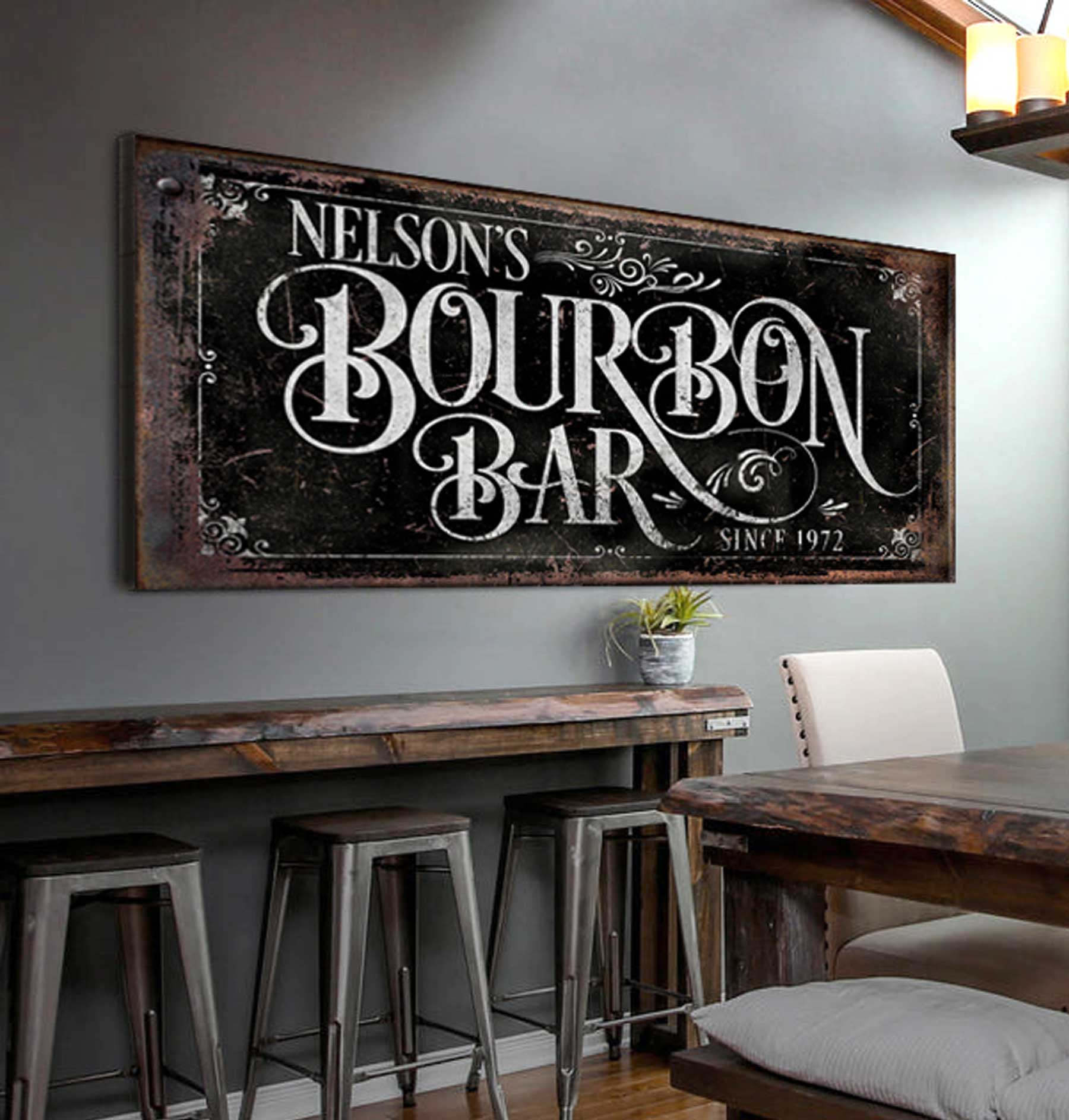 Large Canvas Bar Sign on black frame with white distressed letters that read [Family Name] Bourbon Bar with established date