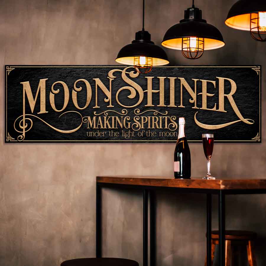 Bar Decor-Moonshine Bar Sign on black frame and wood lettering with the words Moonshiner - making spirits under the light of the moon. Bar Decor