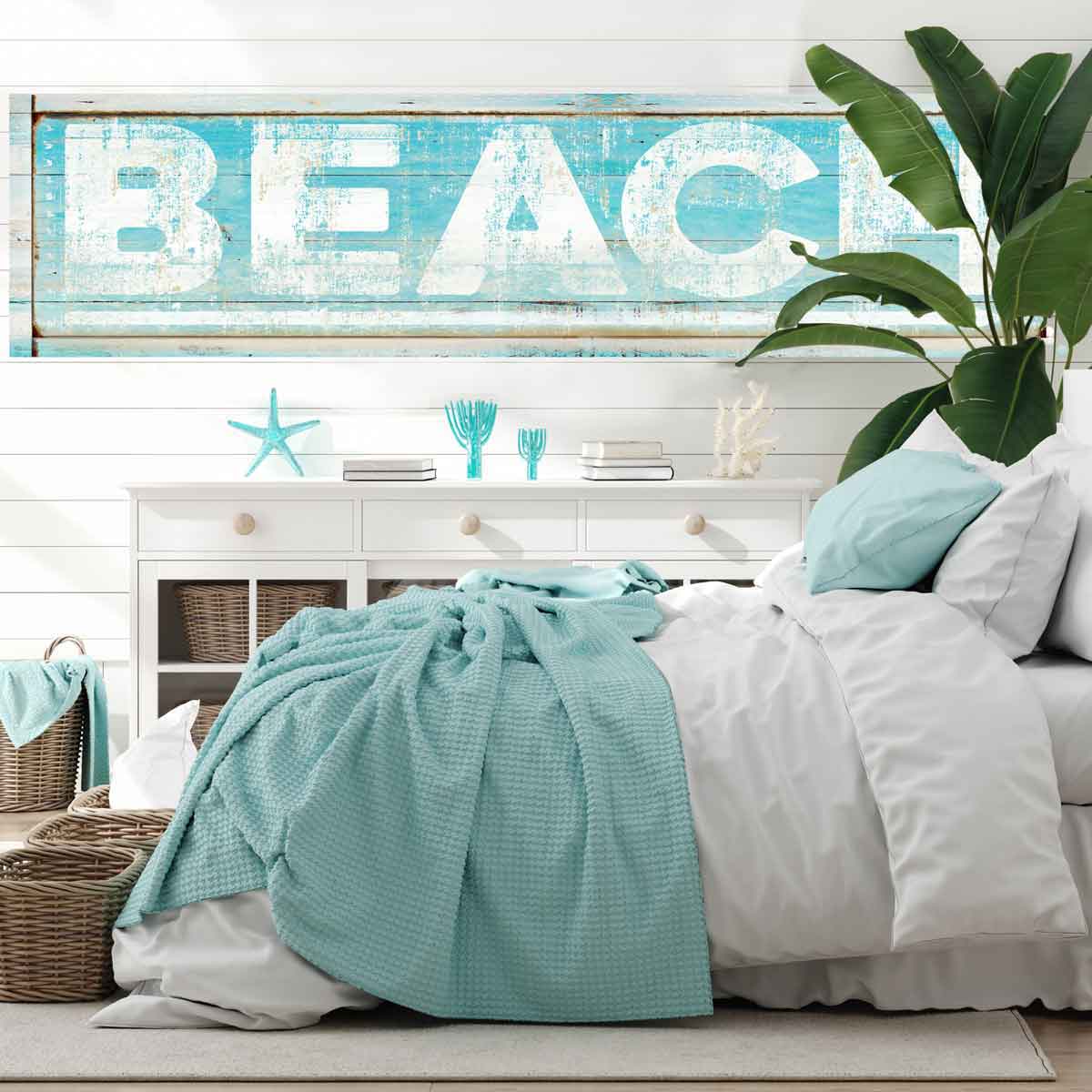 In white [Reads] Beach, White Arrow on Sign background in Teal Blue Distressed Wood Frame