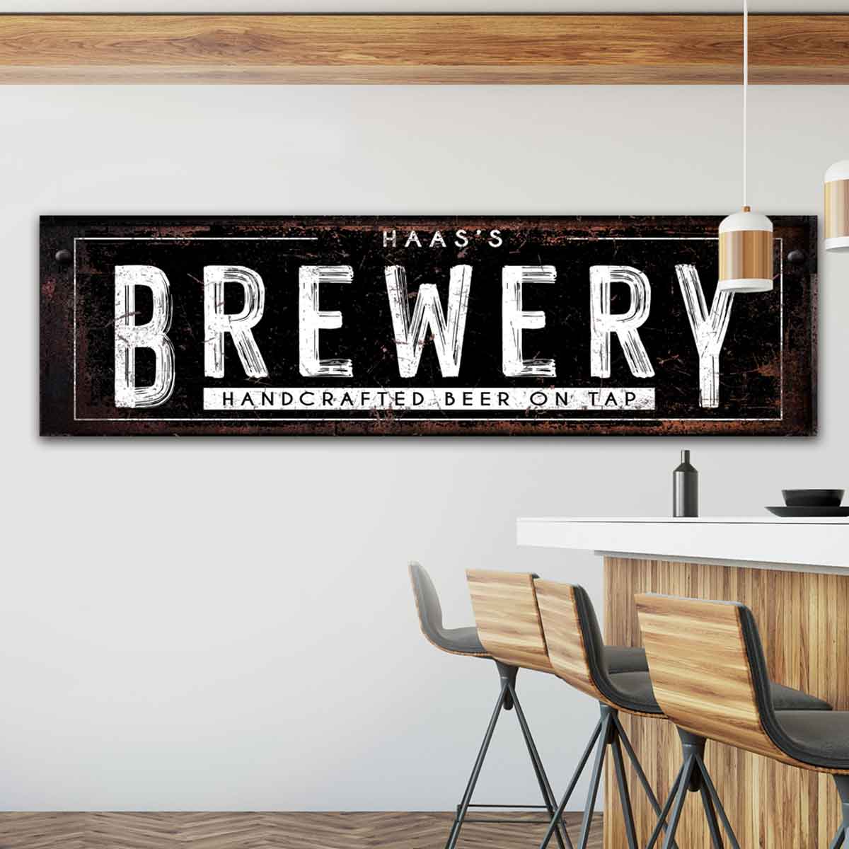 Personalized Bar sign in distressed black rusted background with big words "BREWERY" handcrafted beer on tap. Personalized with your name in white print.