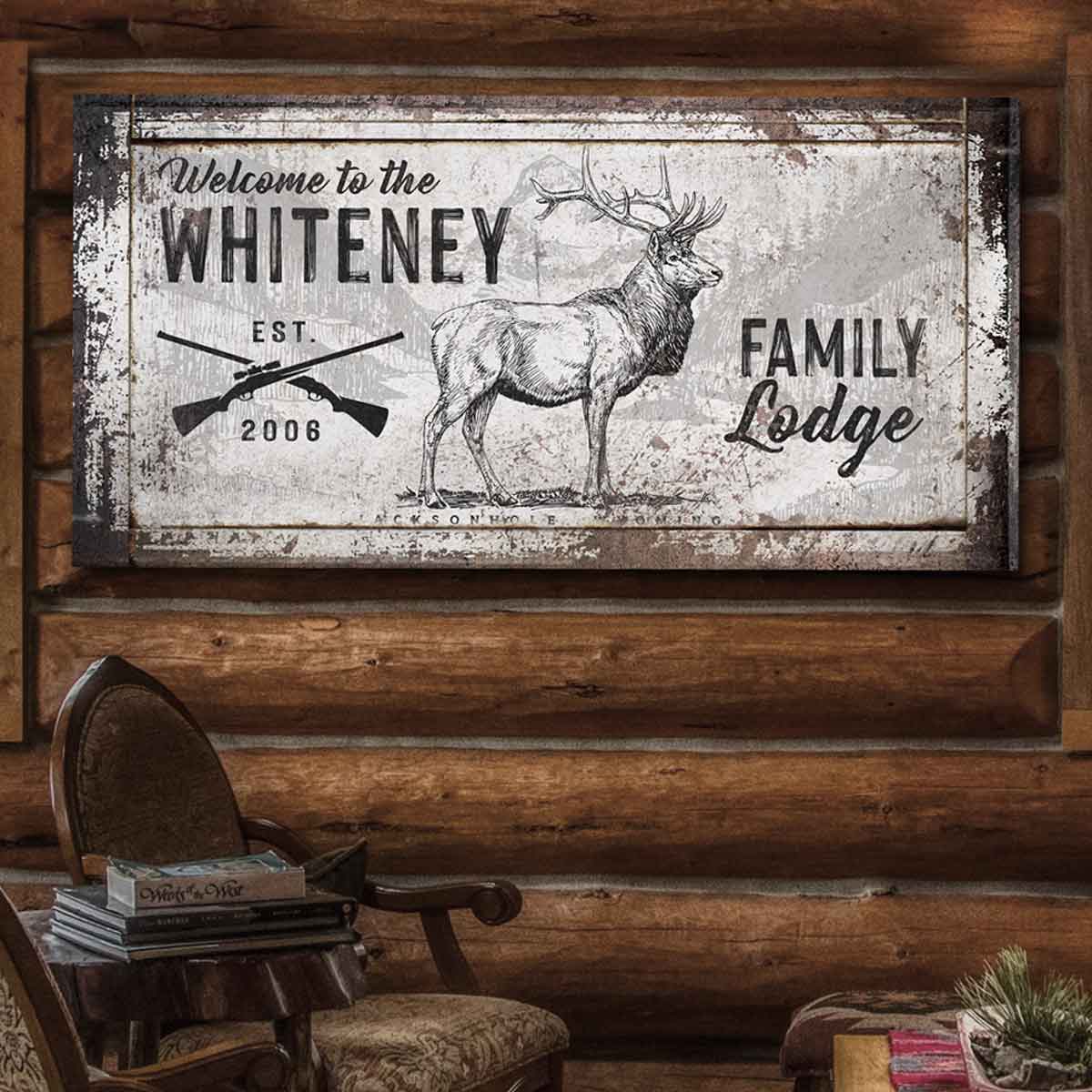 Elk Hunting Cabin Decor with illustration of Elk and mountains with rifels