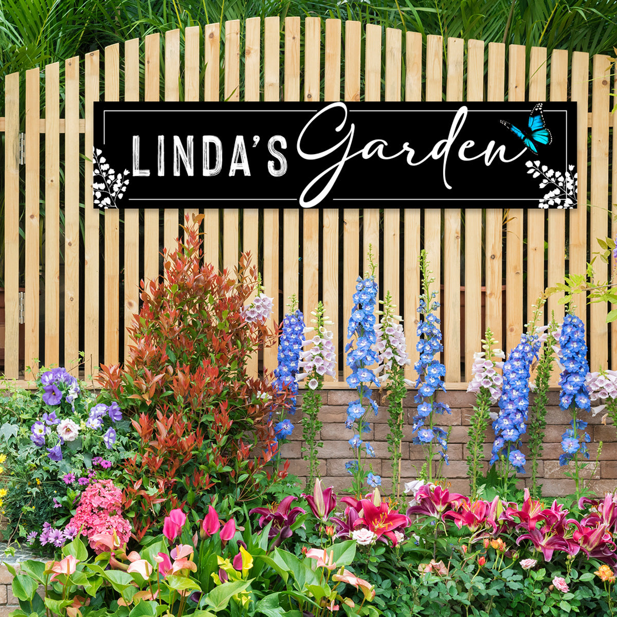 Personalized Metal Garden Signs in black with white lettering and a butterfly.