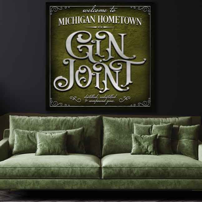 gin joint speakeasy decor sign in avocado green with (family) name and the words in Gin Joint