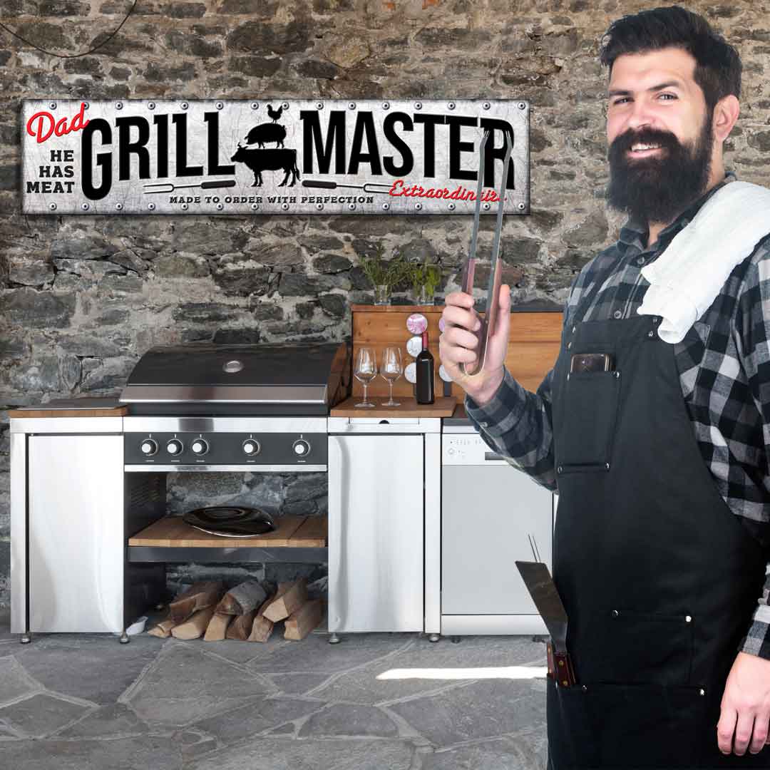 Grill Master Sign, Outdoor Grill Signs with steel metal look and the words: Grill Master, Made to order with perfection. 