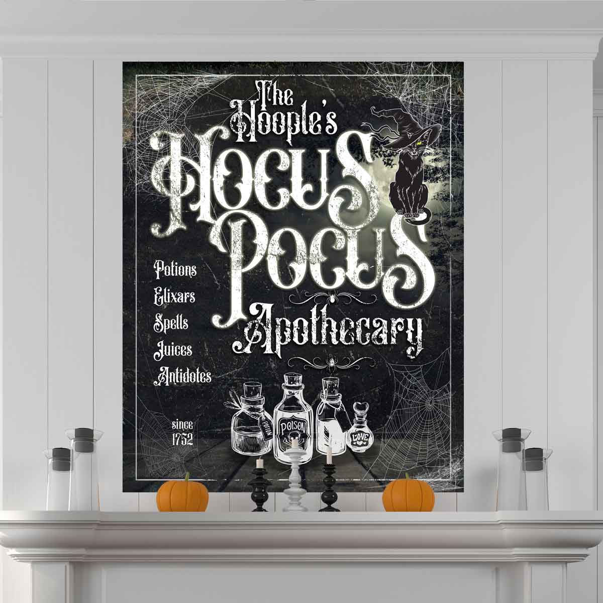 Halloween Sign - Hocus Pocus Apothecary on black stressed background with little bottles of potions, elixers, spells and antidotes.