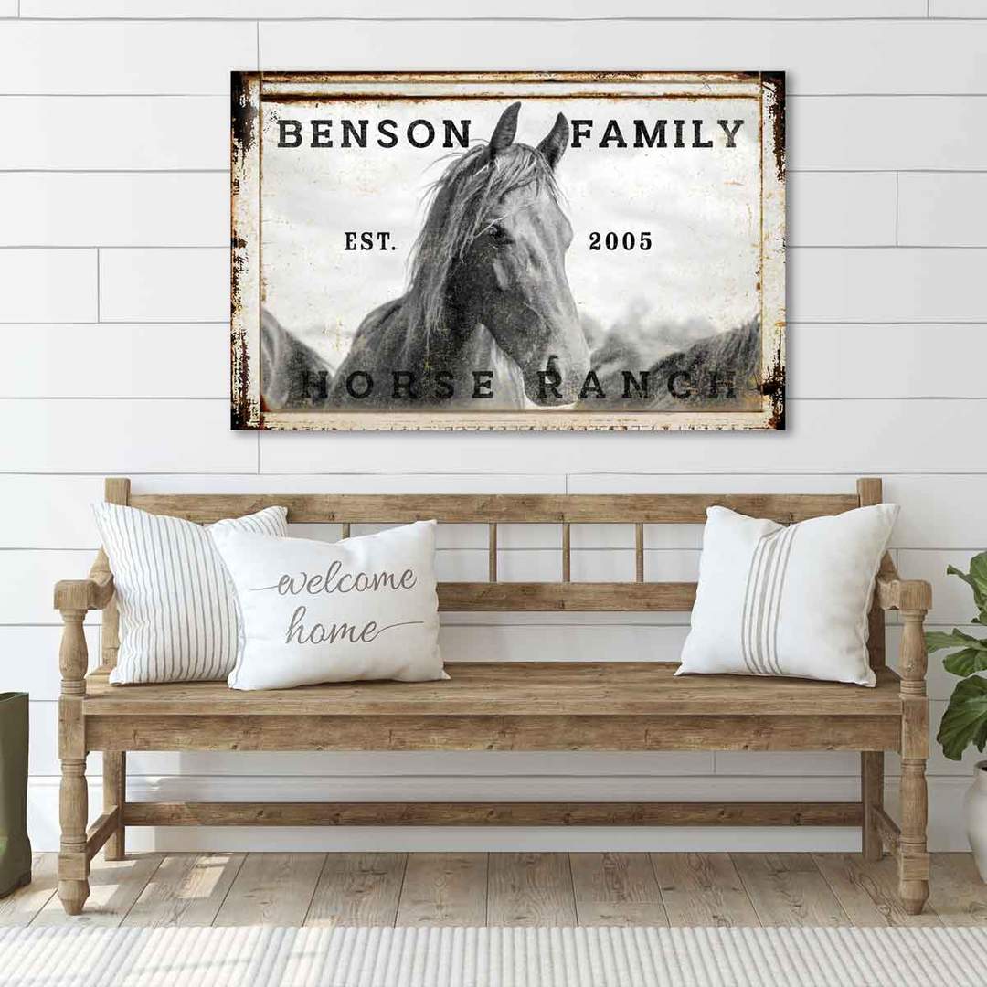 Horse Ranch Sign, with a horse and big words on a a frame that say, Family name, Horse Ranch