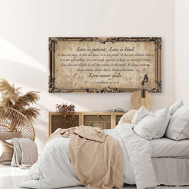 Bible Scripture: 1 Corinthians 13: 4-8 - Love is Patient, Love is Kind bible scripture on canvas with ornate faux frame and old paper and flowers in background