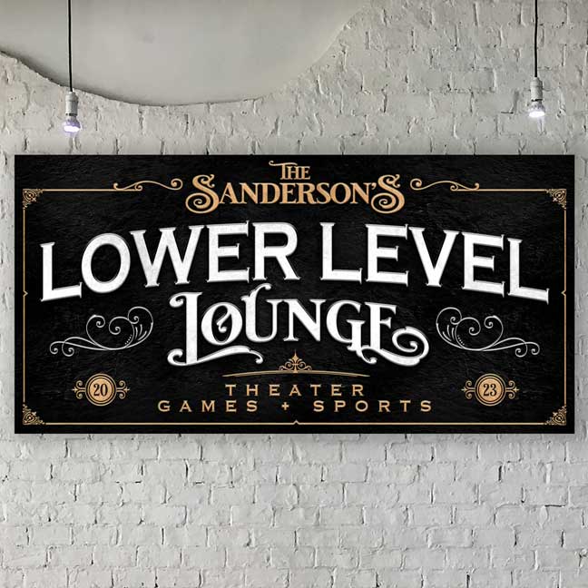Lower Level Basement Bar Sign in black stone texture with the words (family Name) Lower Level Lounge